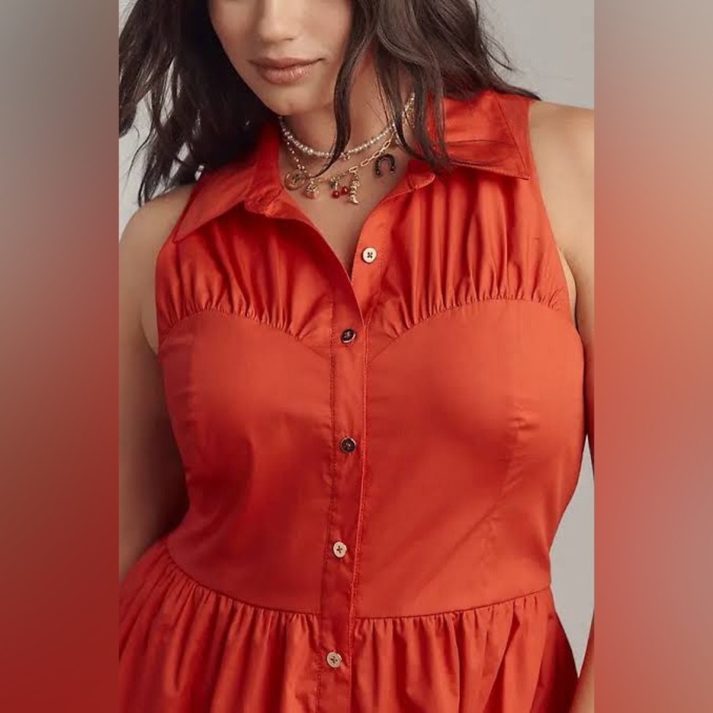 NEW Anthropologie Hutch Vivian Poplin Sleeveless Shirtdress In Poppy Red - Picture 4 of 11